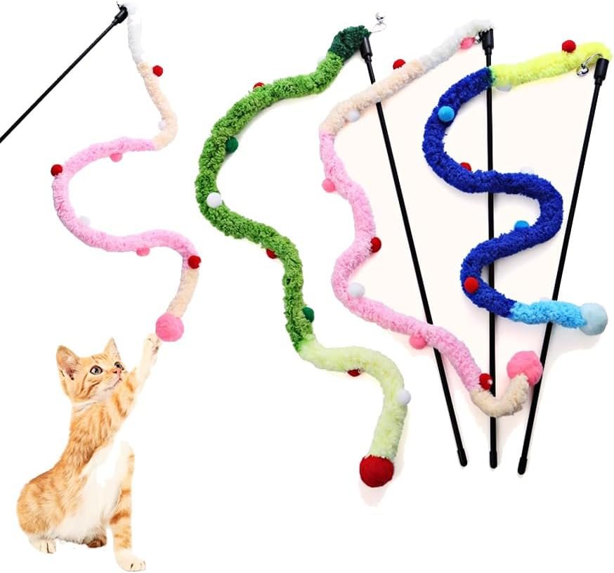 Plush Cat Wands, 3 PCS Charm Teaser Toys Interactive Cat Stick Colorful Teaser Wands for All Breed Sizes