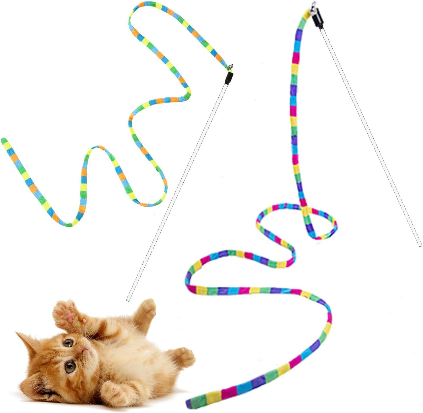 Interactive Cat Rainbow Wand Toys for Indoor Cats and Kittens,Extended Colorful Cat Teaser Wand String Plush Toy,Original Product Strong and Sturdy Pole with Bells(2 Pack)
