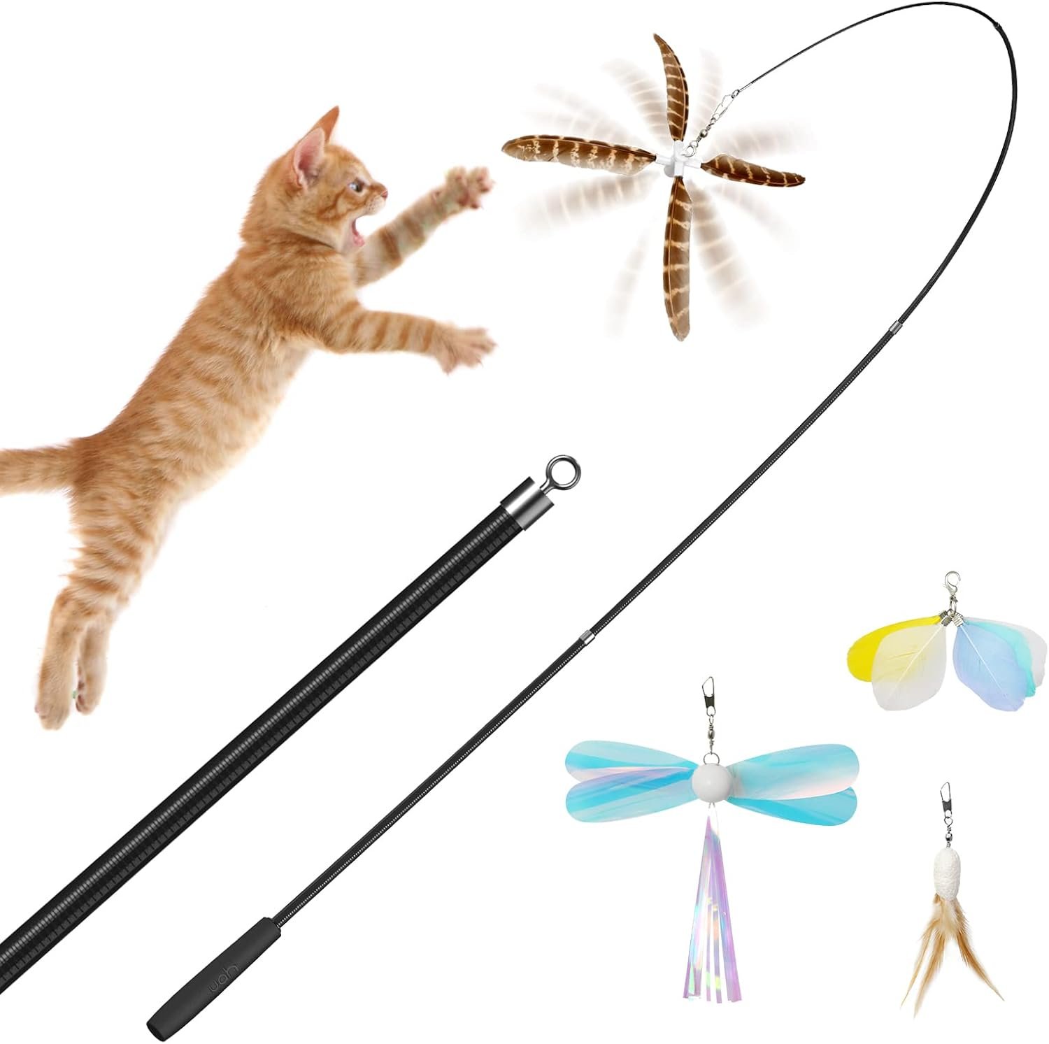 Natural Feather Cat Toys for Indoor Cats Retractable Kitten Wand 60inch Safe Hunting Distance Interactive Toys for Kittens with 4Pcs Senses Replacement Teasers Arouse Desire to Hunt