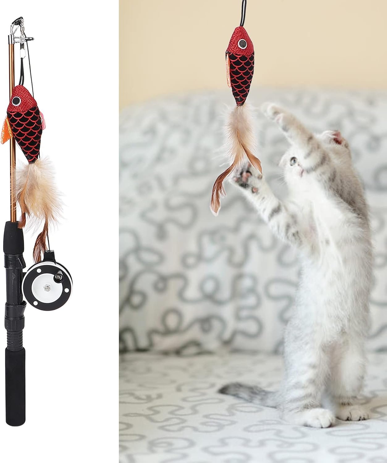 Interactive Cat Teaser Wand Toys Retractable Fishing Pole Funny Cat Stick Playing Toy Pet Companion Cattraction Toys with Dangler for Indoor Cats Kitten Play Chase Exercise - Image 2