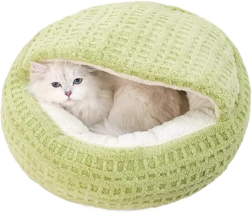 Plush Cat Bed Hooded Semi Enclosed Shell Shaped Pet Nest Cozy Warming Anti-Slip Small Dog Bed for Puppy and Kitten
