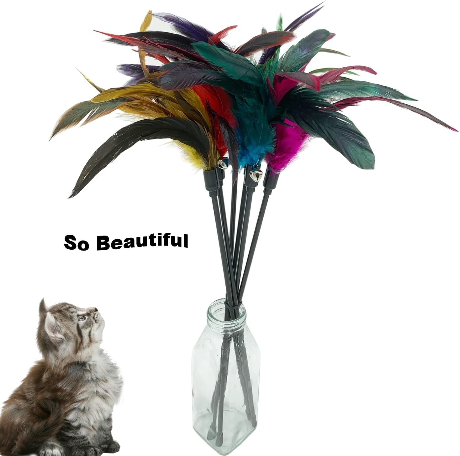 Cat Wand Toy Feather Stick Cat Toys, 6 Pieces Interactive Cat Toy Feathers Wand for Indoor Cats (A) - Image 2