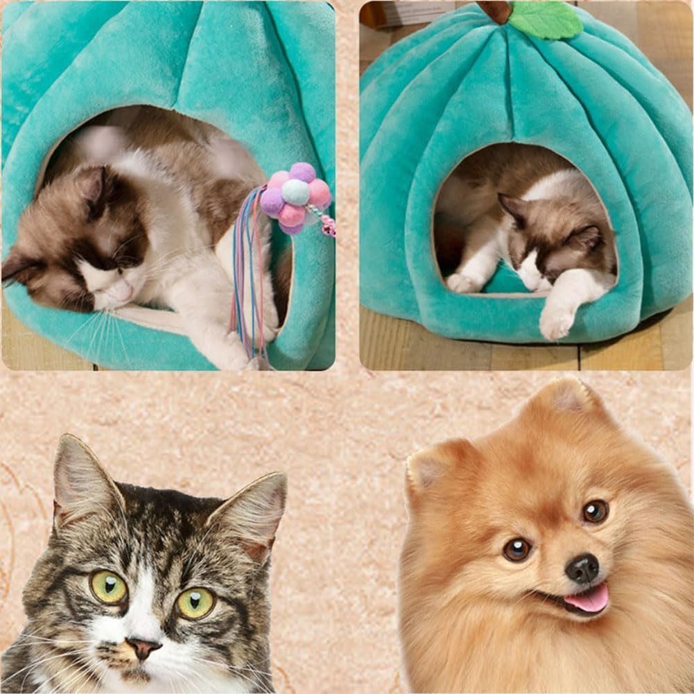 Covered Cat Bed, Halloween Cat House, Cute Pumpkin Shaped Bed, Warm Cave Nest Sleeping Bed Puppy House for Small Dogs (Lake Blue, S) - Image 2