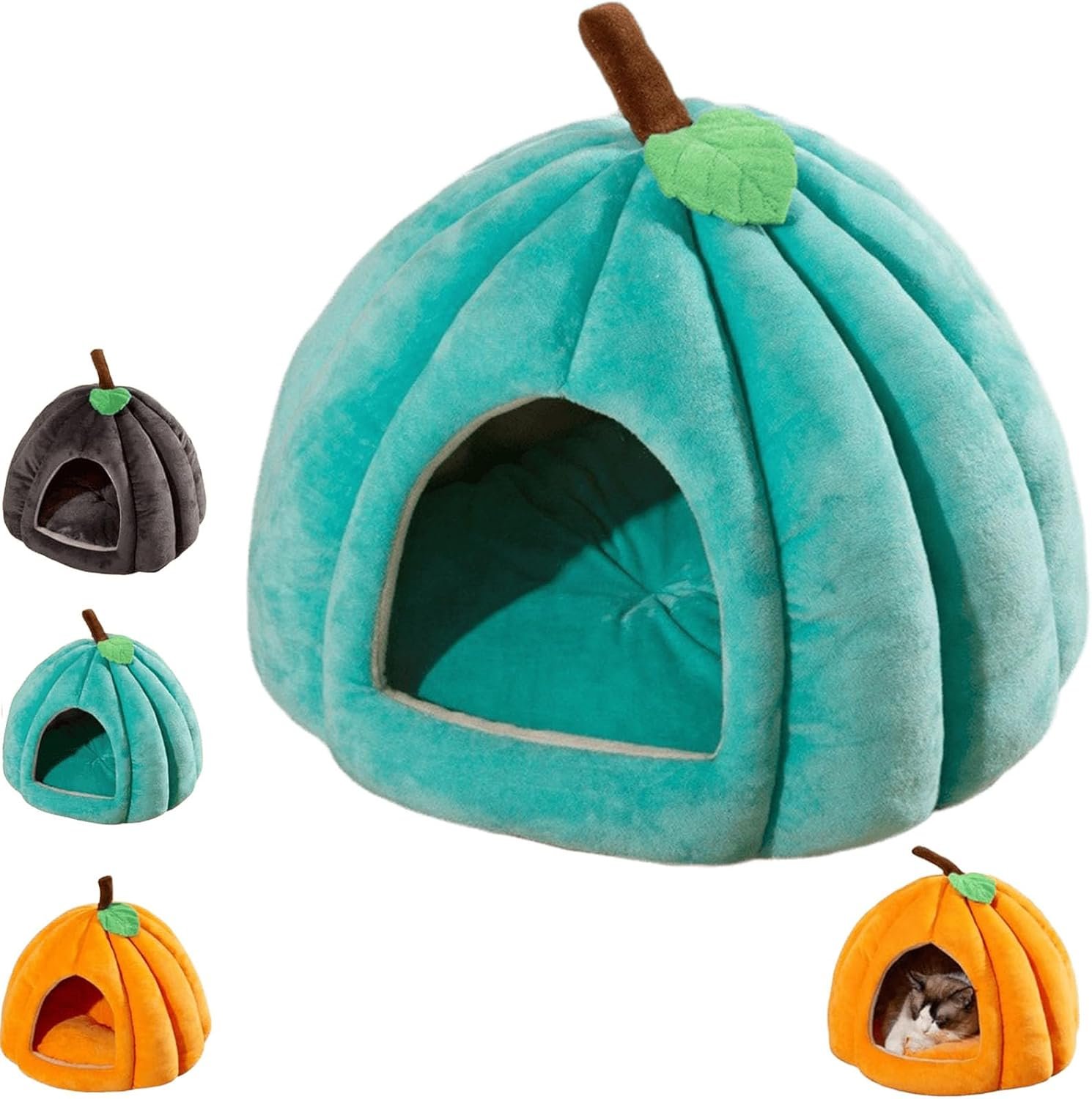 Covered Cat Bed, Halloween Cat House, Cute Pumpkin Shaped Bed, Warm Cave Nest Sleeping Bed Puppy House for Small Dogs (Lake Blue, S)