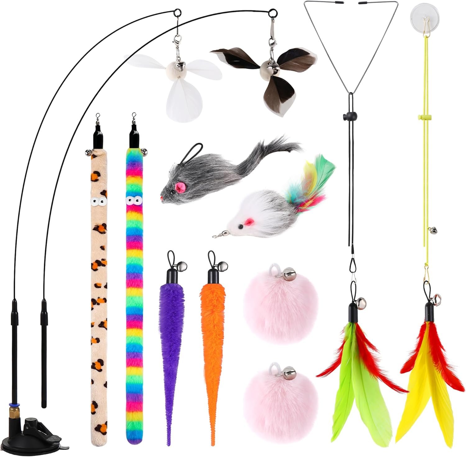 4-in-1 Interactive Cat Feather Toys,12Pcs Durable Fishing Pole Cats Feathers Toy Replacements,Enhanced Suction Cup Cats Wand Toy,2 Types Door Hanging Cat String Toys for Indoor Kitten