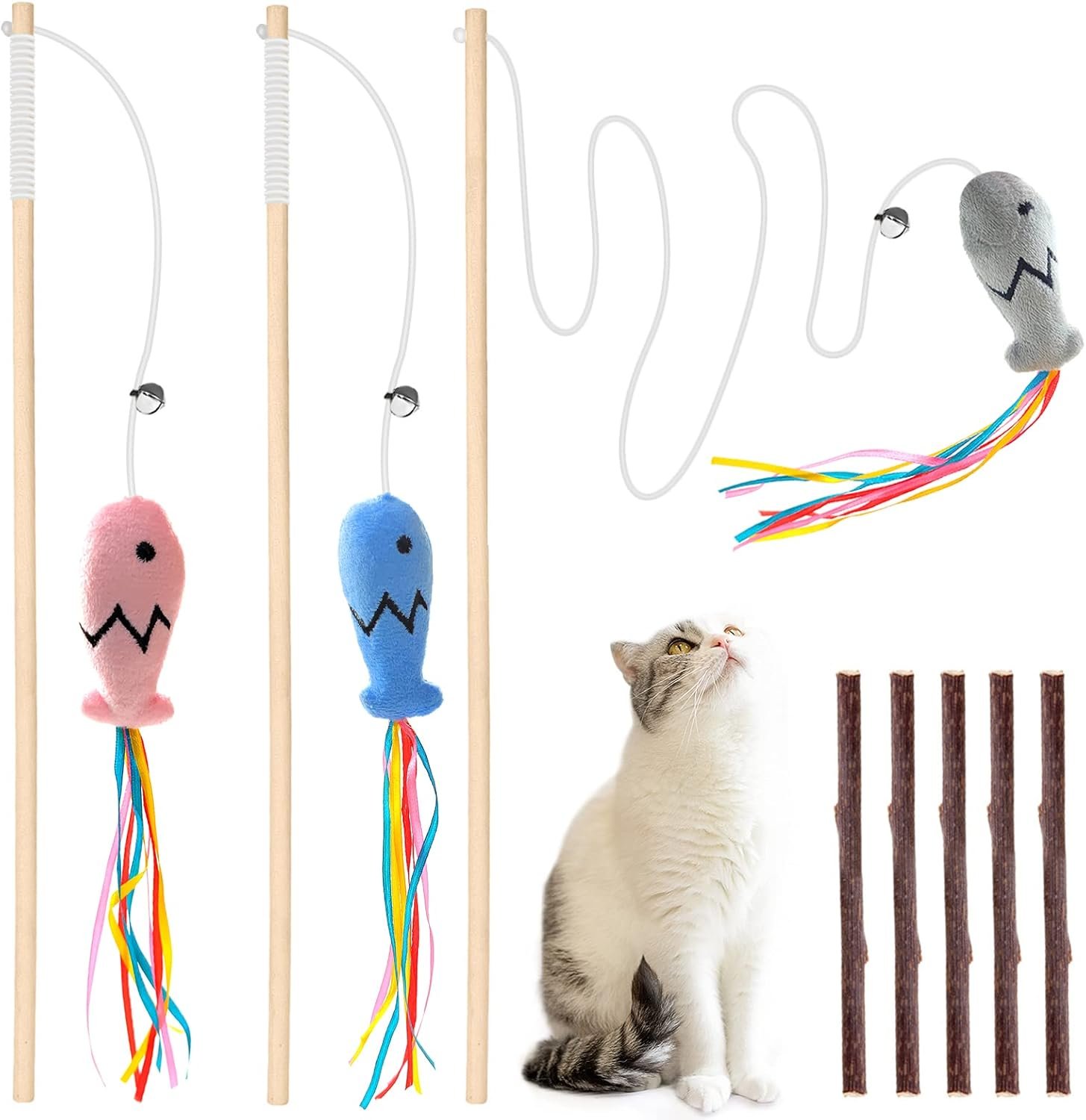 Fashion&cool Cat Wand Toy, 3pcs 16 Inch Natural Wooden Teaser With 5 Pcs Silvervine Sticks, Interactive Elastic String Stick Pole for Indoor Cats