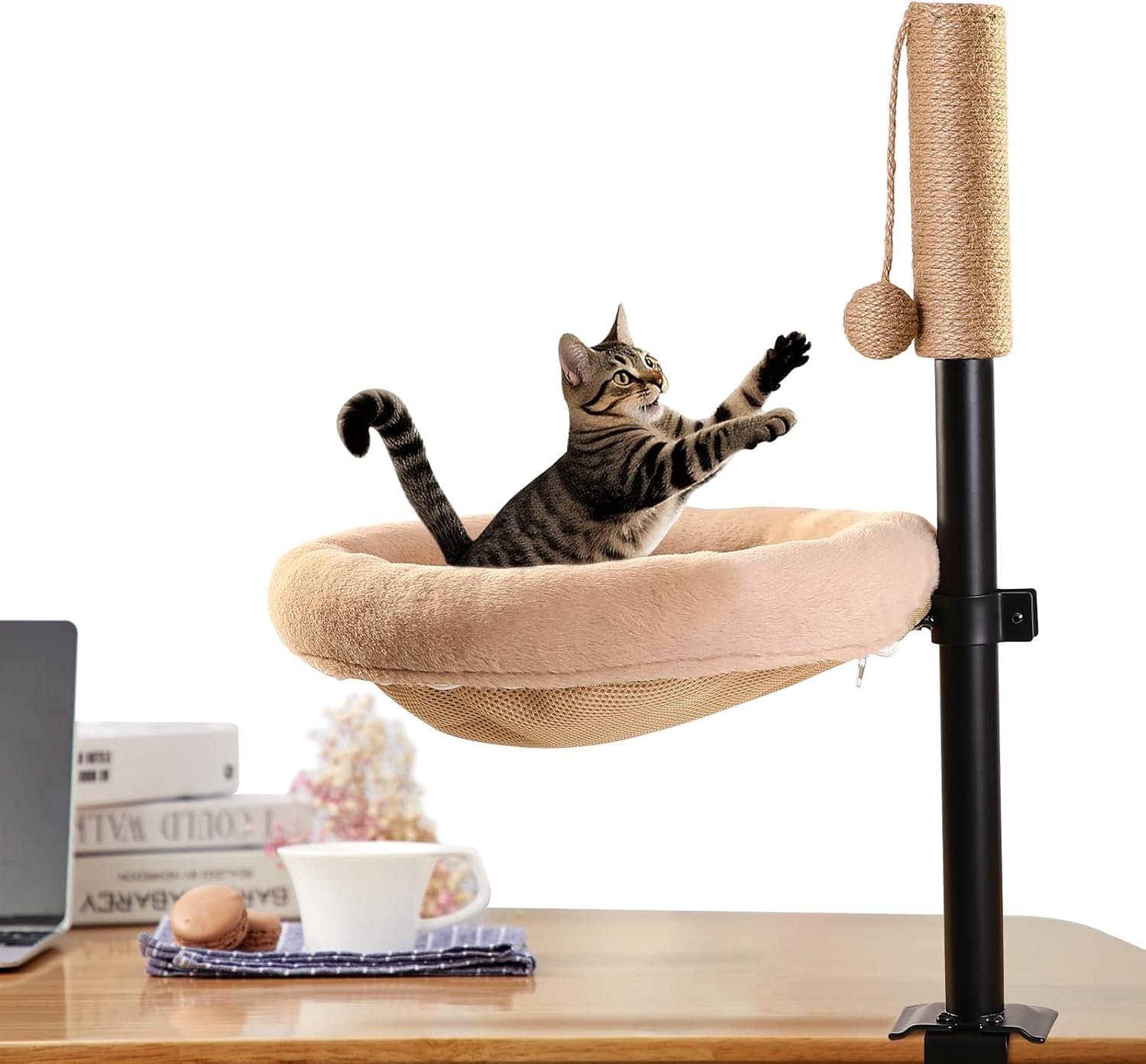 Cat Desk Bed - with Attachable Scratching Post, 360° Rotating & Adjustable Cat Hammock Mount, Pet Nest for Home Office