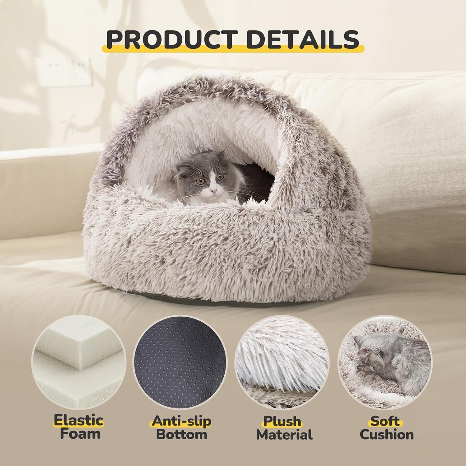 Plush Hooded Cat Bed, Calming Nest, Self-Warming Cave, Cozy Pod for Indoor Cats or Small Dogs, Removable Washable Cove With Non-Slip Bottom - Image 2