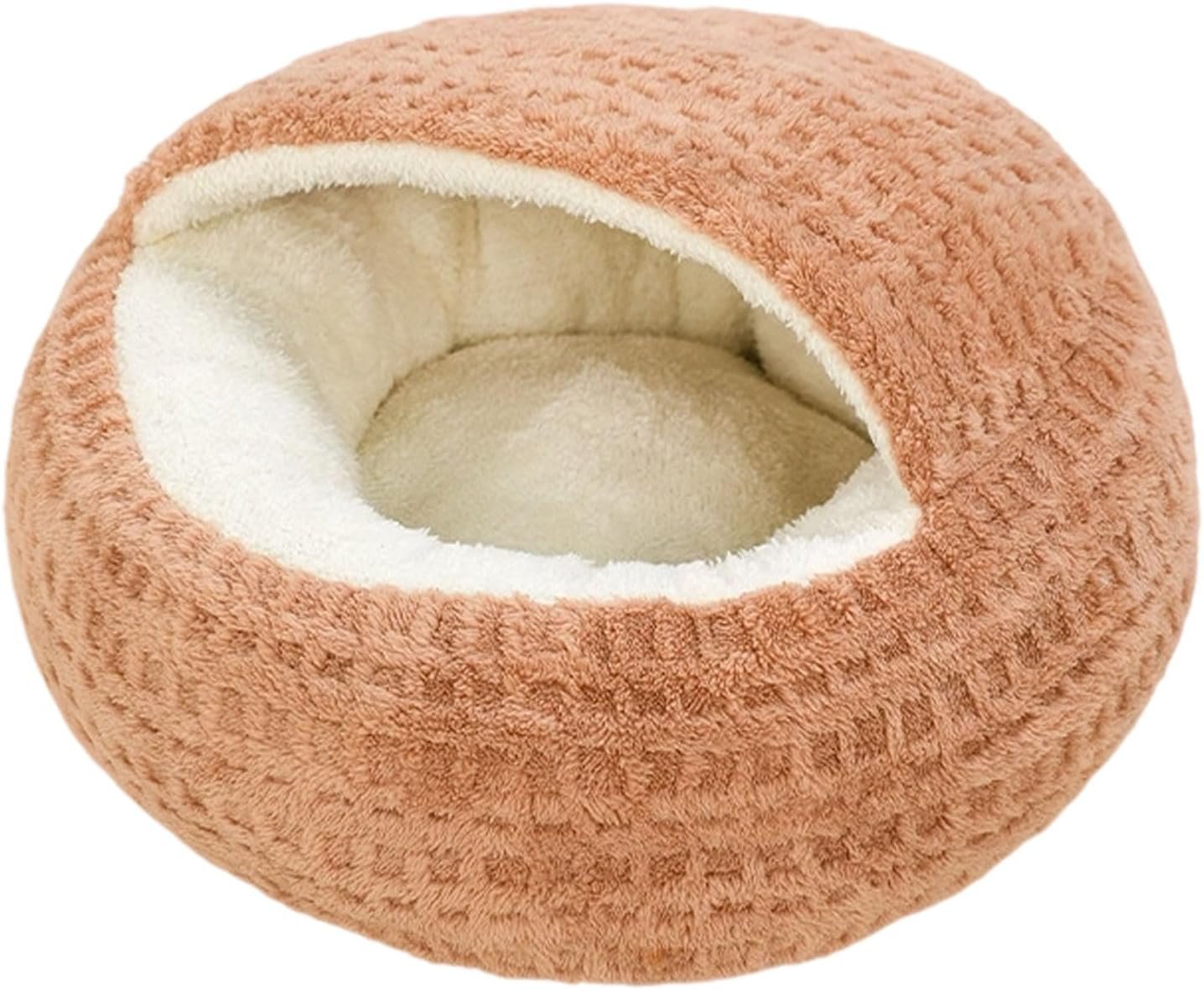 Hooded Semi Enclosed Shell Shaped Pet Nest, Plush Cat Bed Hooded, Plush Cat Bed, Cozy Warming Anti-Slip Small Dog Bed for Puppy and Kitten, Calming Sleeping, Machine Washable (Coffee, Small)