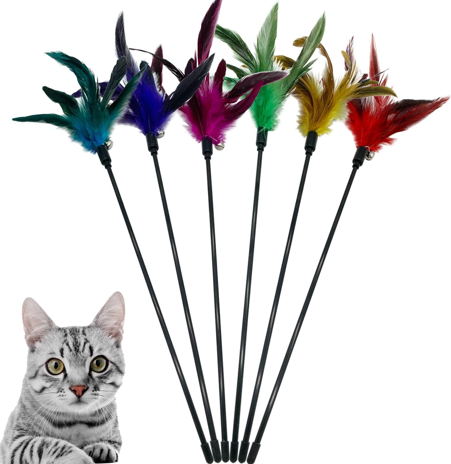 Cat Wand Toy Feather Stick Cat Toys, 6 Pieces Interactive Cat Toy Feathers Wand for Indoor Cats (A)