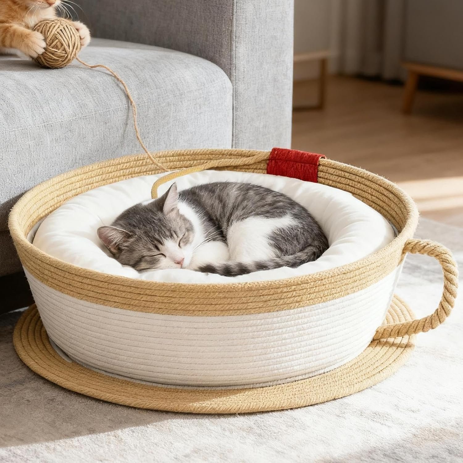 Cat Nest Bed - Scratching Basket Coffee Cup Shape with Pad,Cotton Rope Woven Warm Pet Sleeping Bed | for Living Room Study Home Garage Bedroom Indoor - Image 2