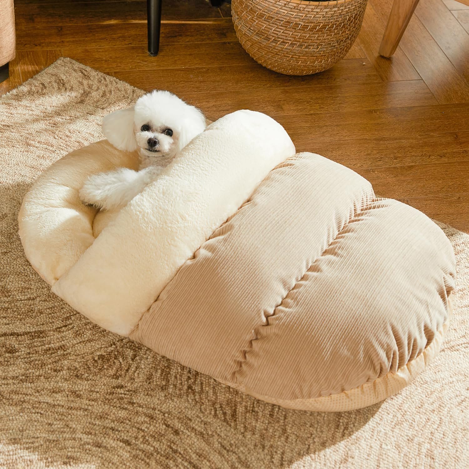 Bed for Dog and Cat, Pet Bed, Ultra Soft Cute Plush Slipper Cat Cave Bed, Anti Slip Warm Pet House Nest, Self-Warming, Ideal for Indoor Use - Fits up to 25lbs (30"X22", L, Light Brown)