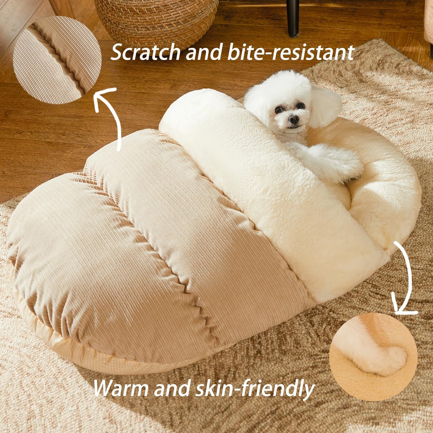 Bed for Dog and Cat, Pet Bed, Ultra Soft Cute Plush Slipper Cat Cave Bed, Anti Slip Warm Pet House Nest, Self-Warming, Ideal for Indoor Use - Fits up to 25lbs (30"X22", L, Light Brown) - Image 2