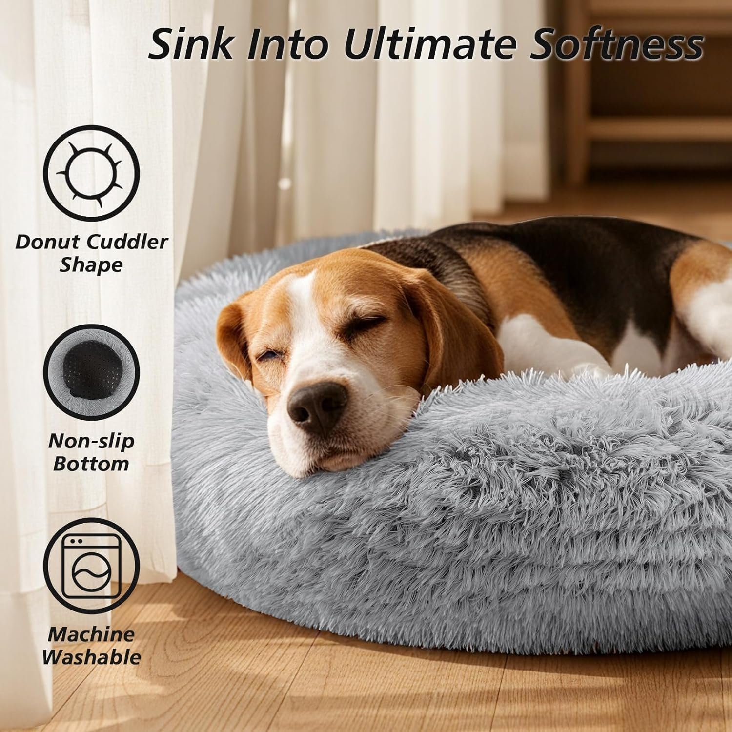 Small Dog & Cat Beds for Indoor Cats, Donut Cuddler Warming Soft Dog Beds with Anti-Slip Bottom, Round Calming Fluffy Plush Faux Fur Cushion Bed for Small Dogs (20", Smoke Grey) - Image 2